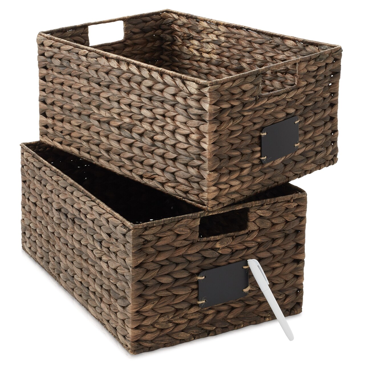Casafield Water Hyacinth Pantry Baskets with Chalkboard Labels and Chalk Marker, Woven Storage Bin Organizers for Kitchen Shelves